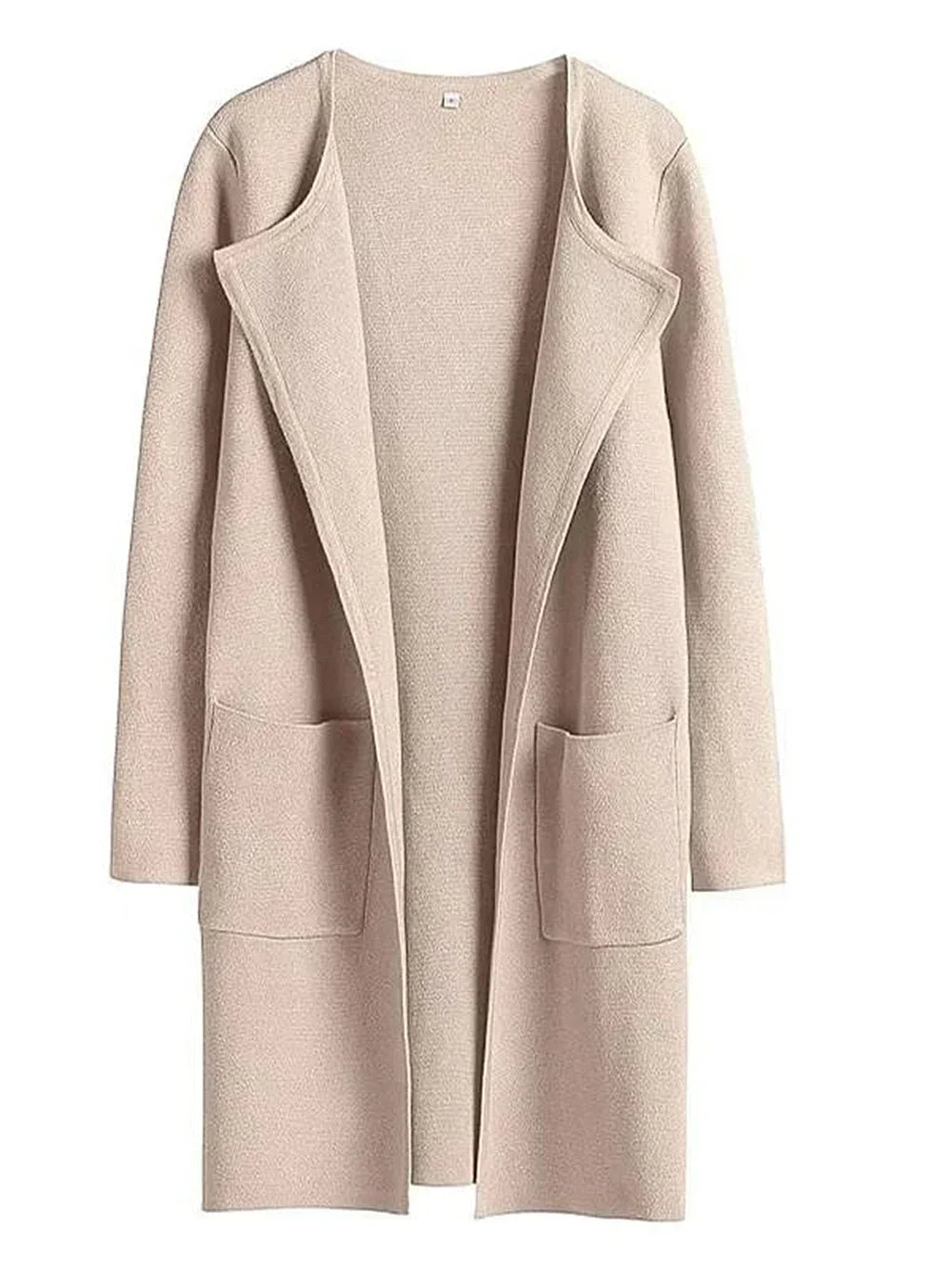 "Women's wool blend knee-length coat with wide lapel and patch pockets, showcasing a relaxed fit and minimalist design."