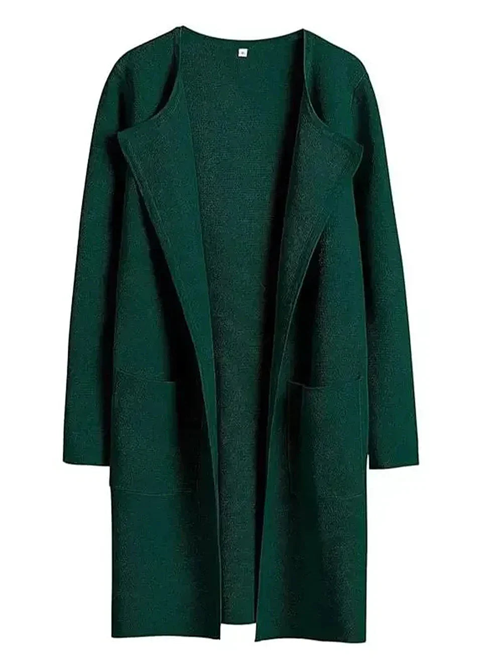 "Women's wool blend knee-length coat with wide lapel and patch pockets, showcasing a relaxed fit and minimalist design."