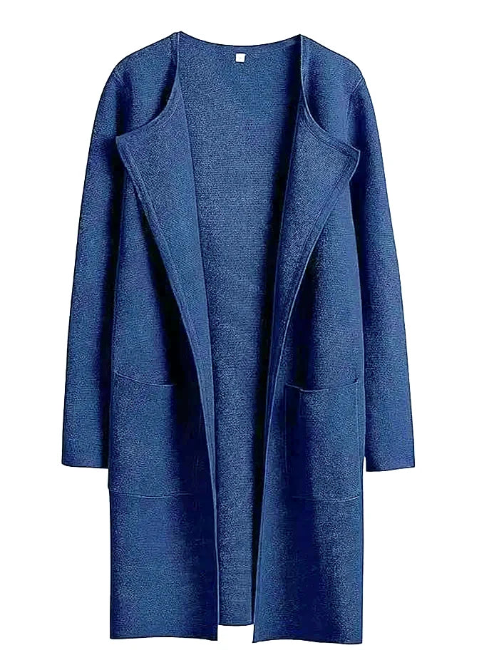 "Women's wool blend knee-length coat with wide lapel and patch pockets, showcasing a relaxed fit and minimalist design."