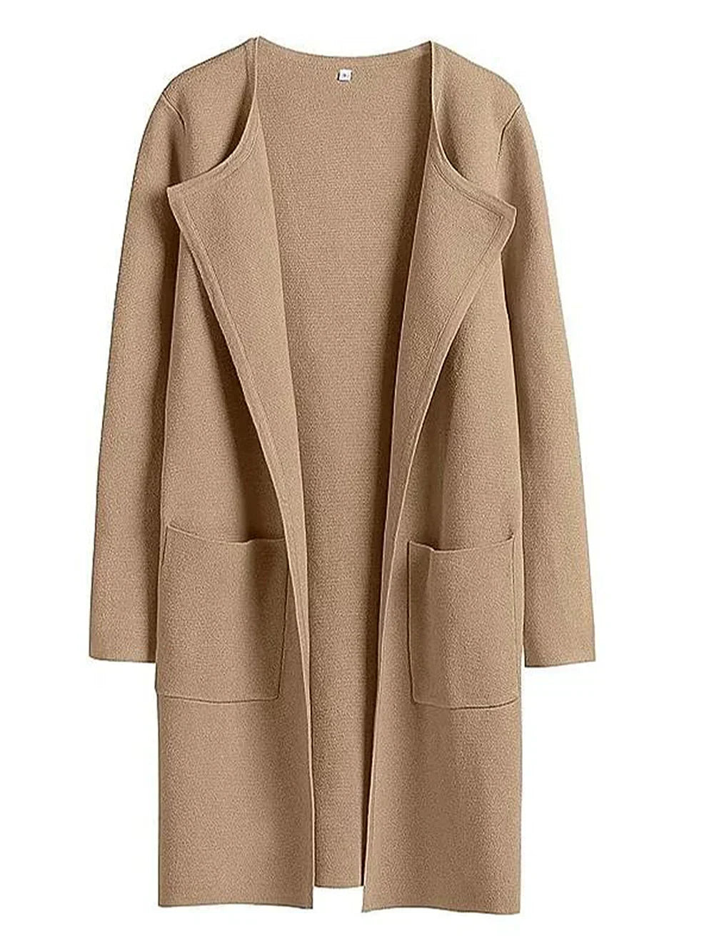 "Women's wool blend knee-length coat with wide lapel and patch pockets, showcasing a relaxed fit and minimalist design."