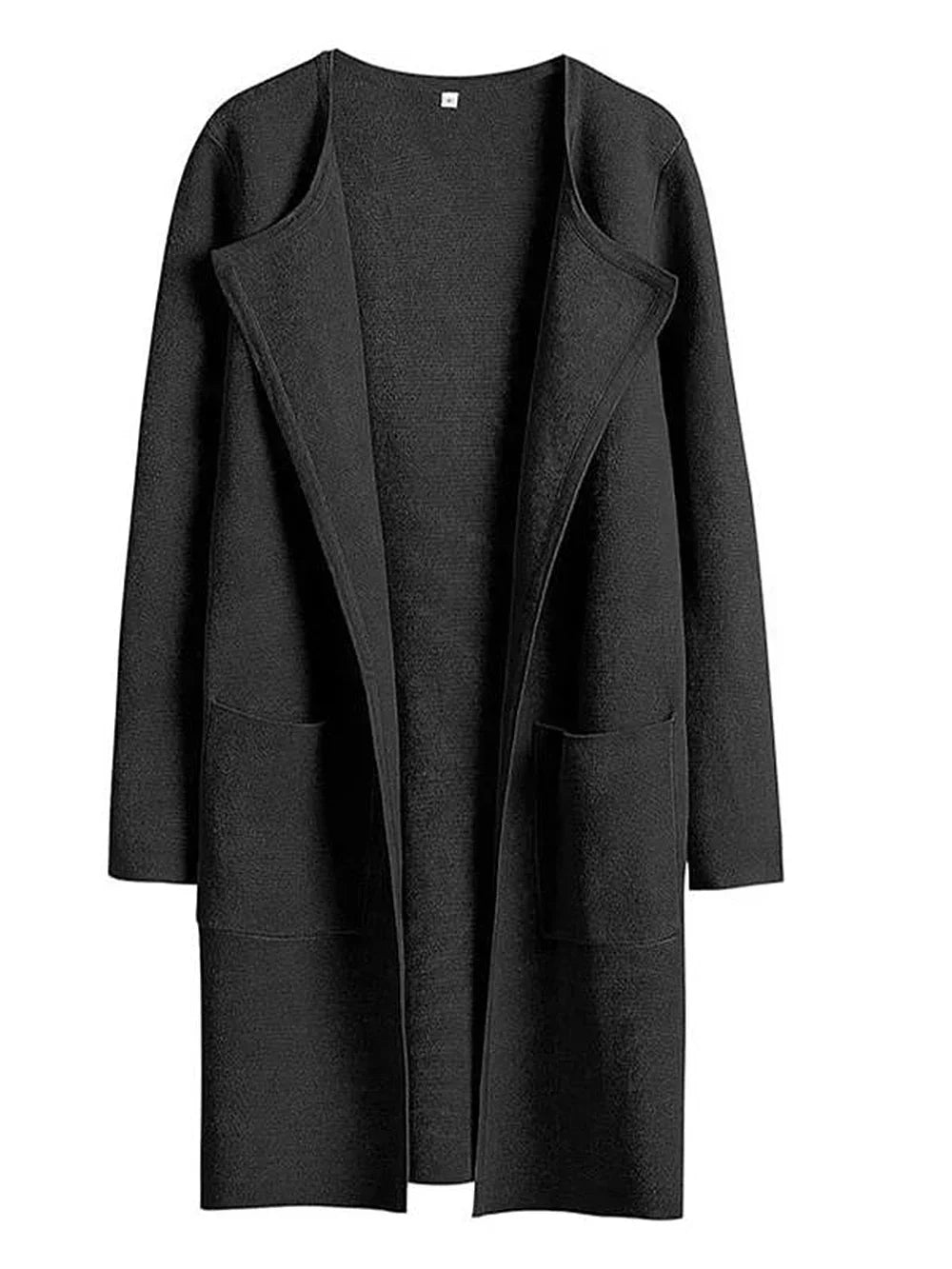 "Women's wool blend knee-length coat with wide lapel and patch pockets, showcasing a relaxed fit and minimalist design."
