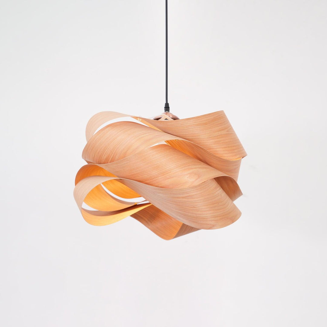 "Wood & Metal Link Pendant Light with natural wood grain and sleek metal finish, perfect for modern interiors and ambient glo