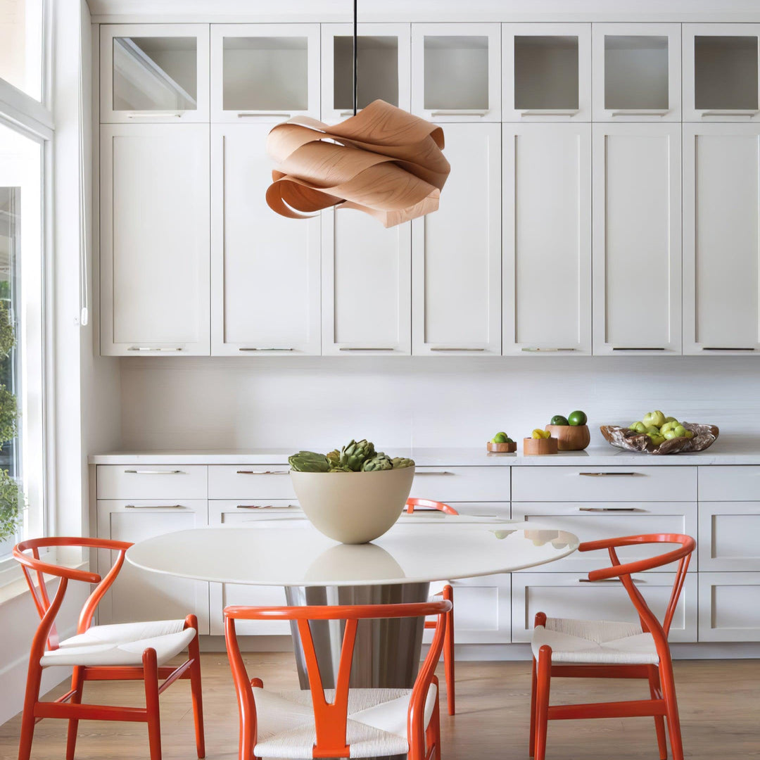 "Wood & Metal Link Pendant Light with natural wood grain and sleek metal finish, perfect for modern interiors and ambient glo