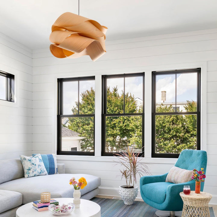 "Wood & Metal Link Pendant Light with natural wood grain and sleek metal finish, perfect for modern interiors and ambient glo