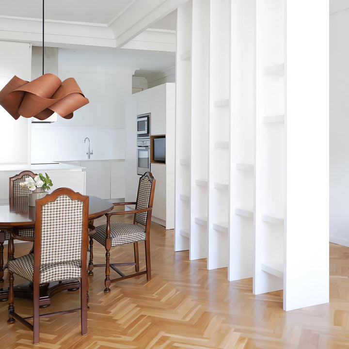 "Wood & Metal Link Pendant Light with natural wood grain and sleek metal finish, perfect for modern interiors and ambient glo
