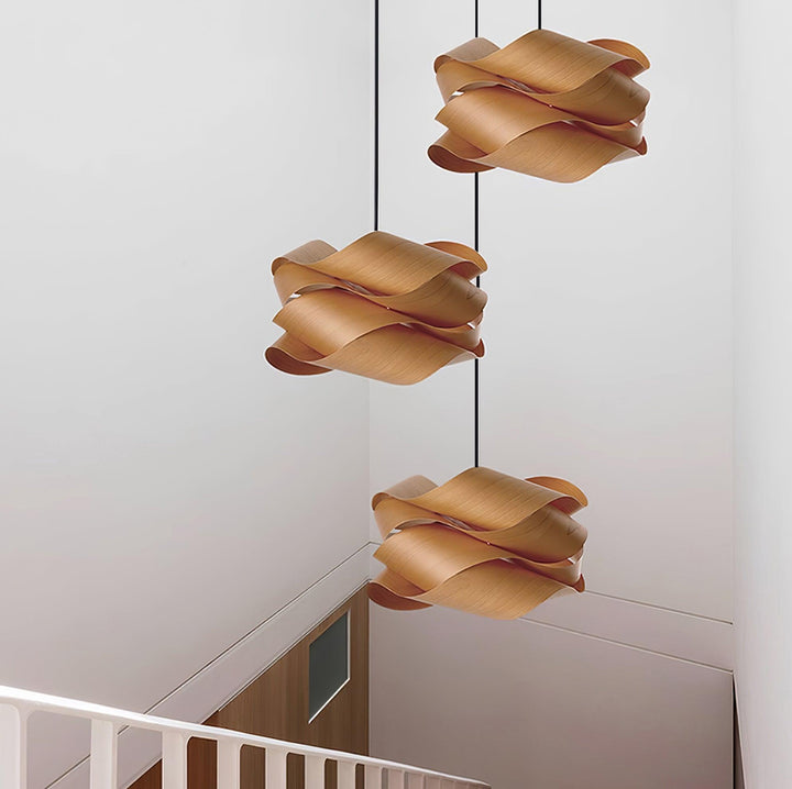 "Wood & Metal Link Pendant Light with natural wood grain and sleek metal finish, perfect for modern interiors and ambient glo