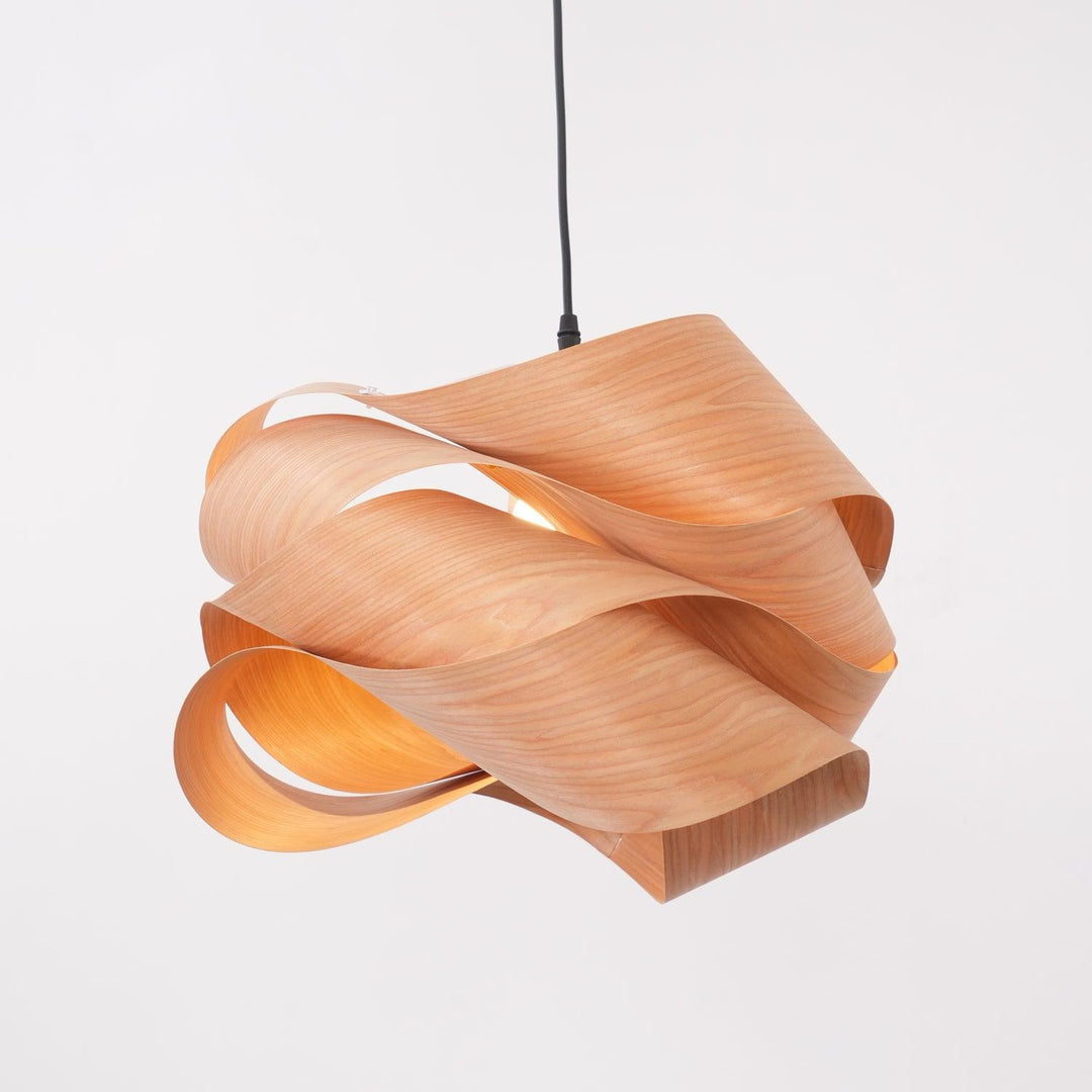 "Wood & Metal Link Pendant Light with natural wood grain and sleek metal finish, perfect for modern interiors and ambient glo