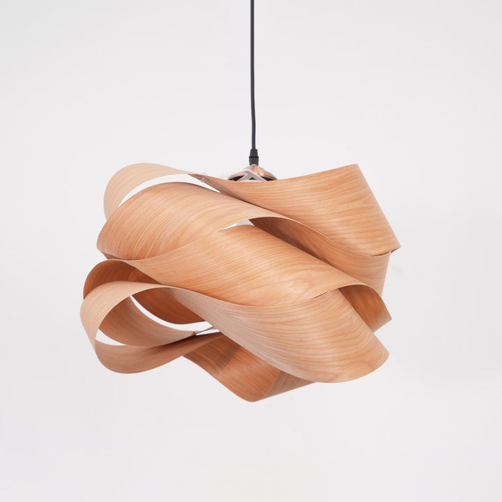 "Wood & Metal Link Pendant Light with natural wood grain and sleek metal finish, perfect for modern interiors and ambient glo