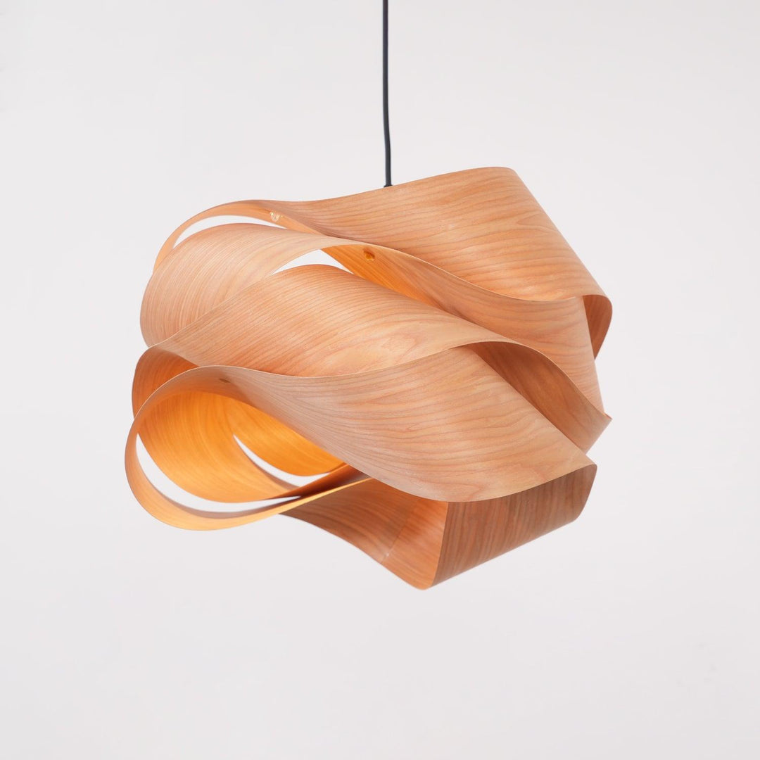 "Wood & Metal Link Pendant Light with natural wood grain and sleek metal finish, perfect for modern interiors and ambient glo