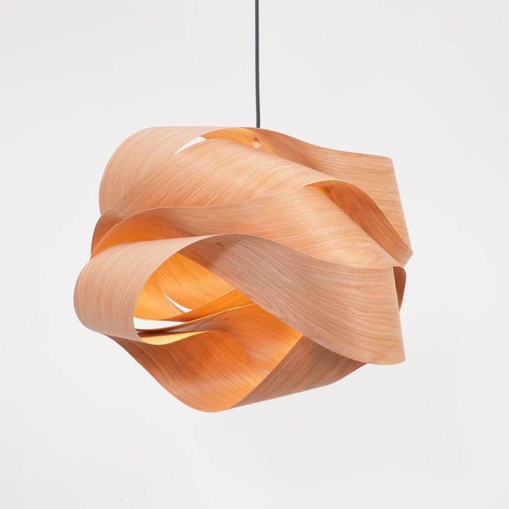 "Wood & Metal Link Pendant Light with natural wood grain and sleek metal finish, perfect for modern interiors and ambient glo