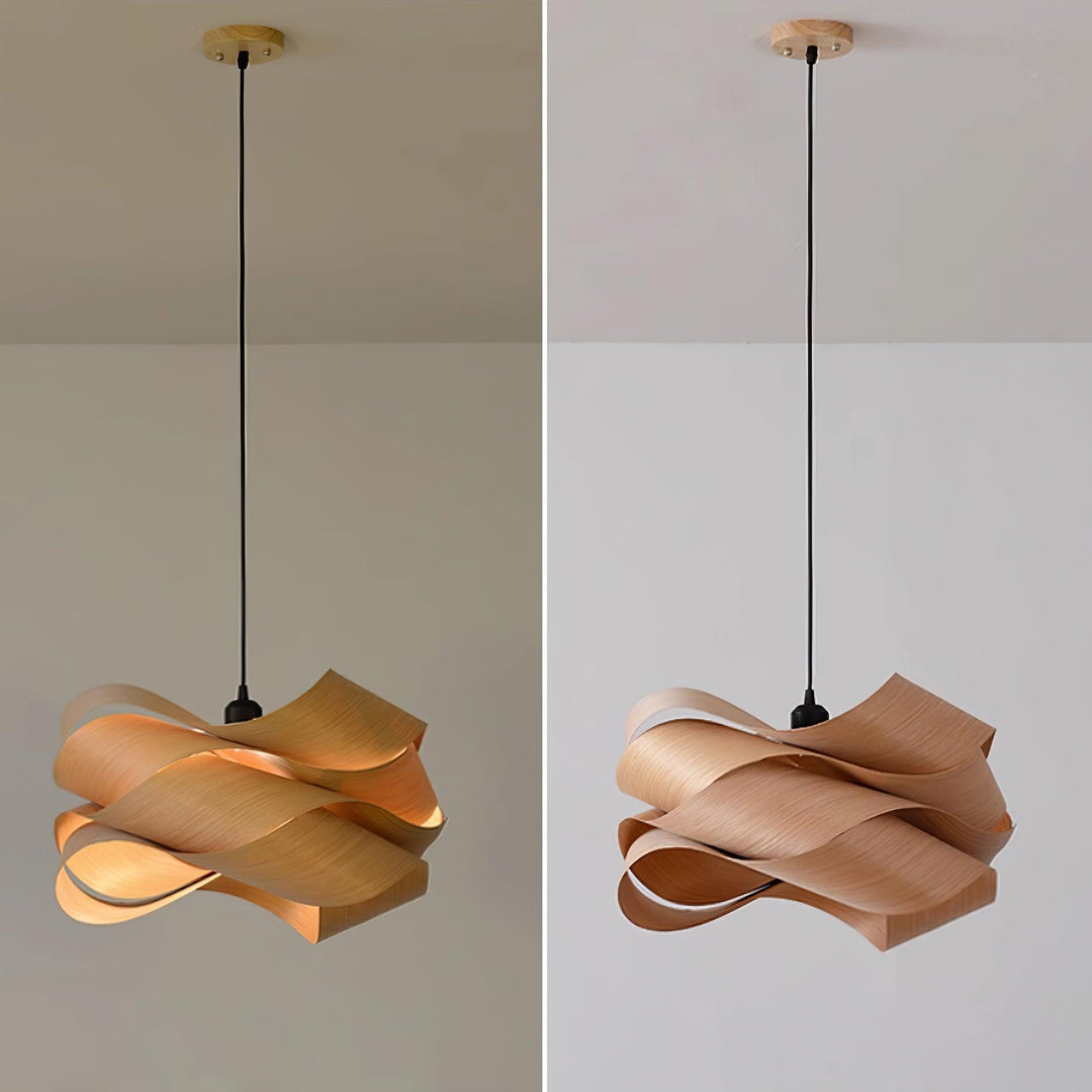"Wood & Metal Link Pendant Light with natural wood grain and sleek metal finish, perfect for modern interiors and ambient glo