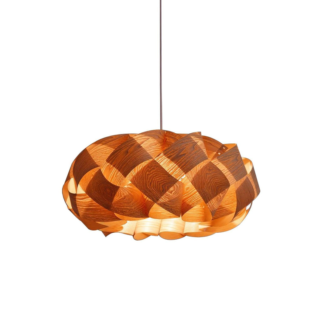 "Wood & Metal Link Pendant Light with natural wood grain and sleek metal finish, perfect for modern interiors and ambient glo