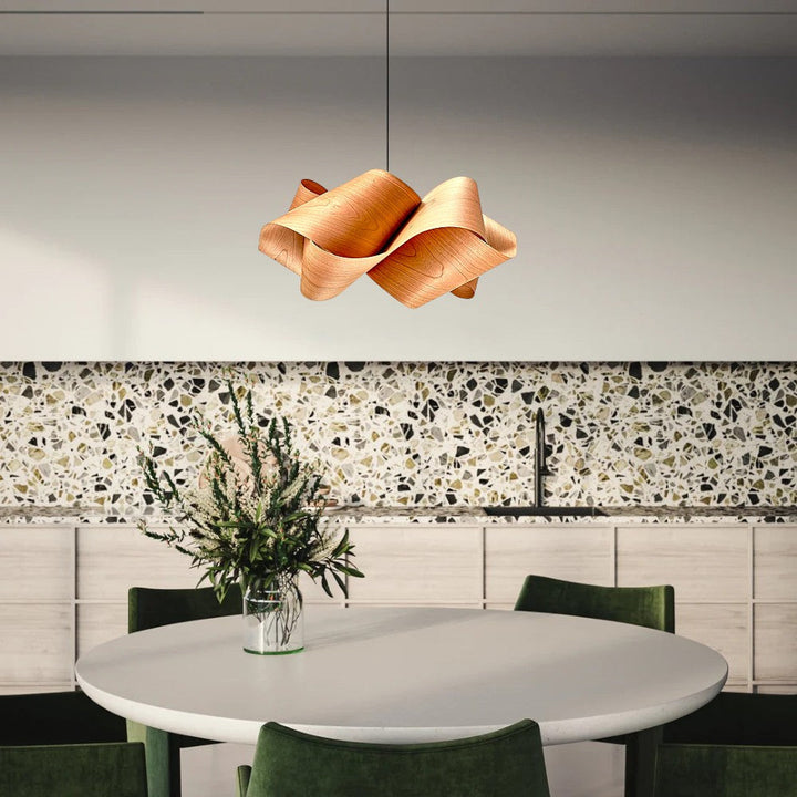 "Wood & Metal Link Pendant Light with natural wood grain and sleek metal finish, perfect for modern interiors and ambient glo