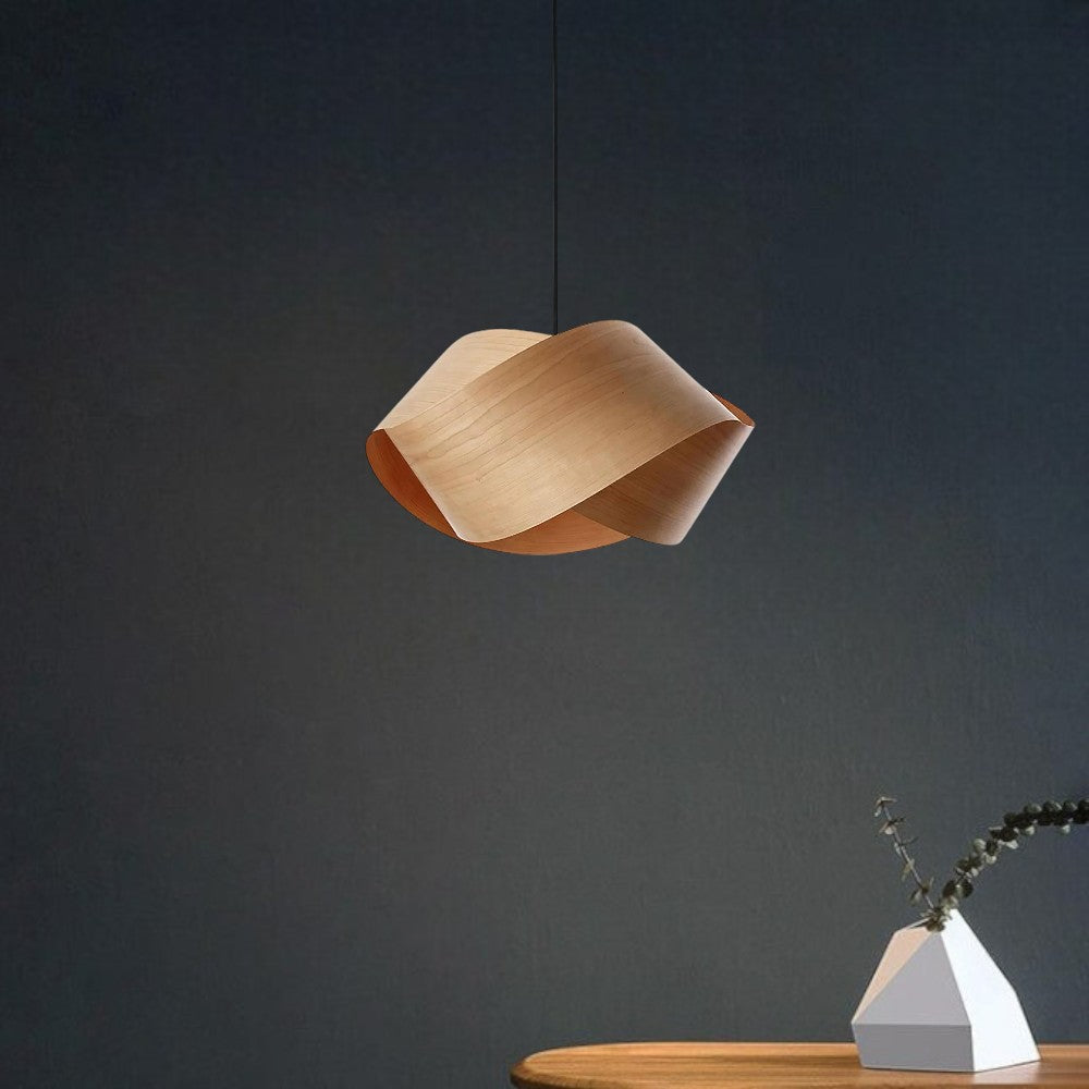 "Wood & Metal Link Pendant Light with natural wood grain and sleek metal finish, perfect for modern interiors and ambient glo