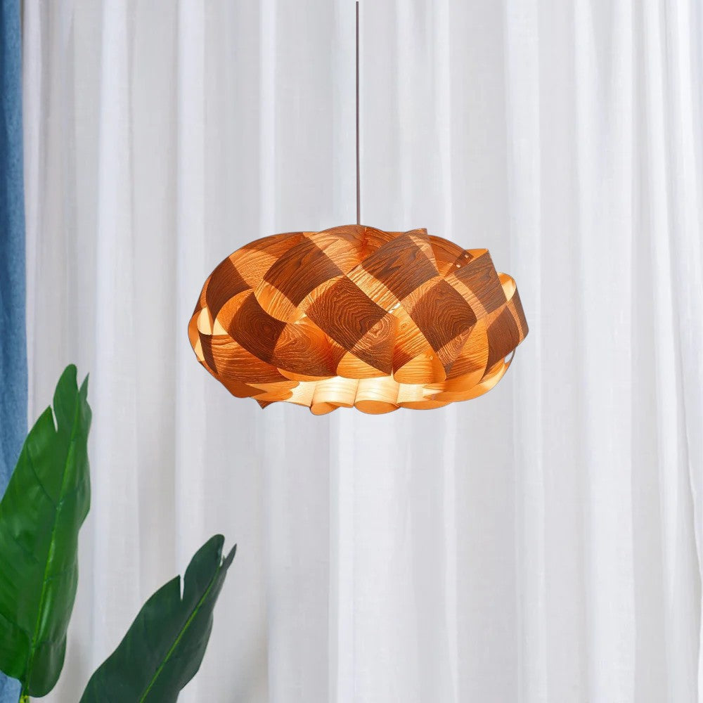 "Wood & Metal Link Pendant Light with natural wood grain and sleek metal finish, perfect for modern interiors and ambient glo