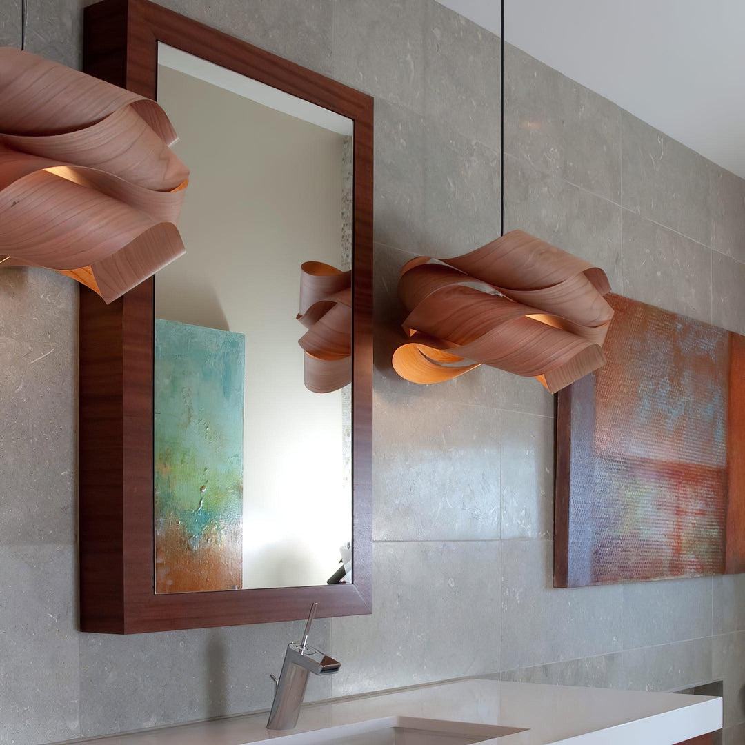 "Wood & Metal Link Pendant Light with natural wood grain and sleek metal finish, perfect for modern interiors and ambient glo