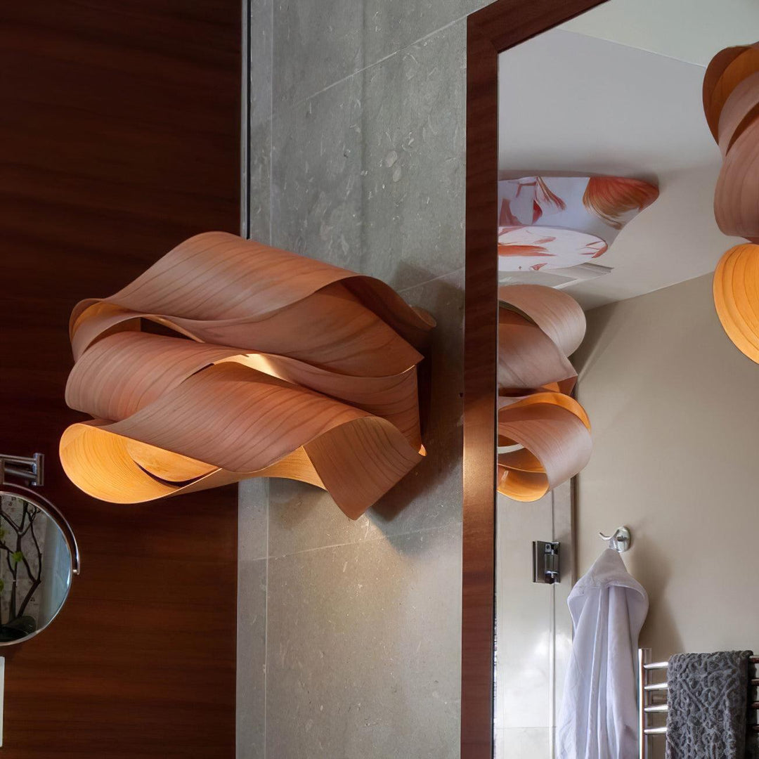 "Wood & Metal Link Pendant Light with natural wood grain and sleek metal finish, perfect for modern interiors and ambient glo