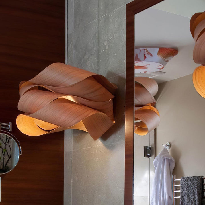 "Wood & Metal Link Pendant Light with natural wood grain and sleek metal finish, perfect for modern interiors and ambient glo