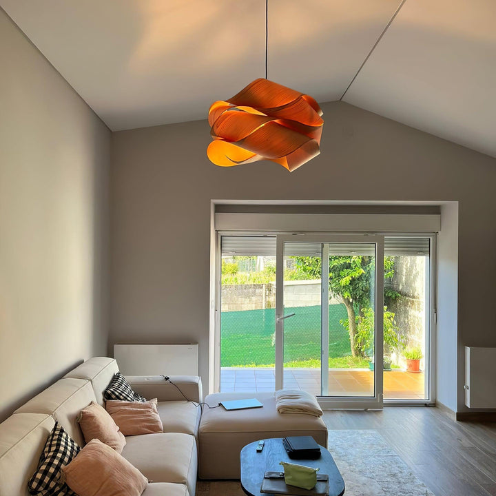"Wood & Metal Link Pendant Light with natural wood grain and sleek metal finish, perfect for modern interiors and ambient glo