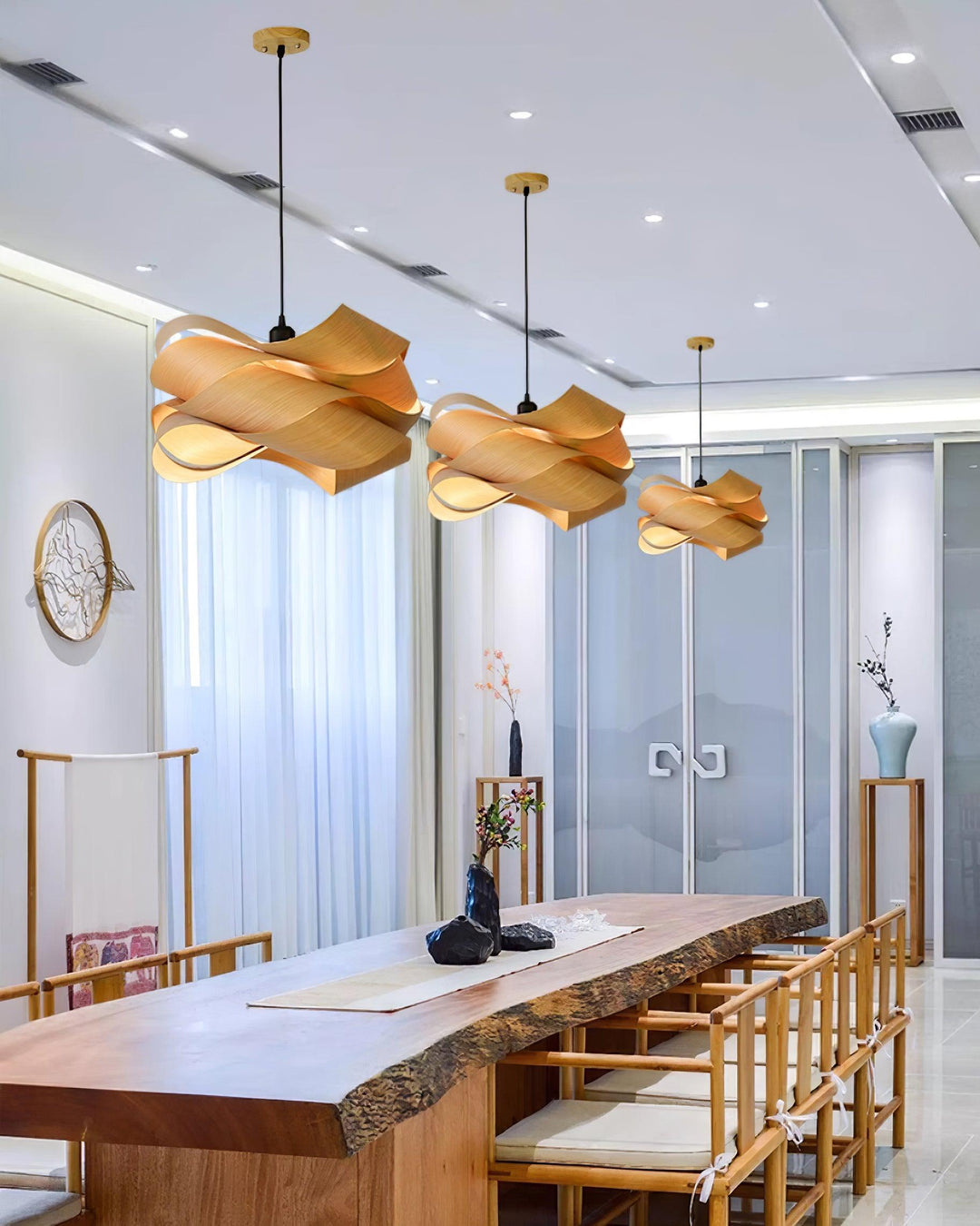 "Wood & Metal Link Pendant Light with natural wood grain and sleek metal finish, perfect for modern interiors and ambient glo