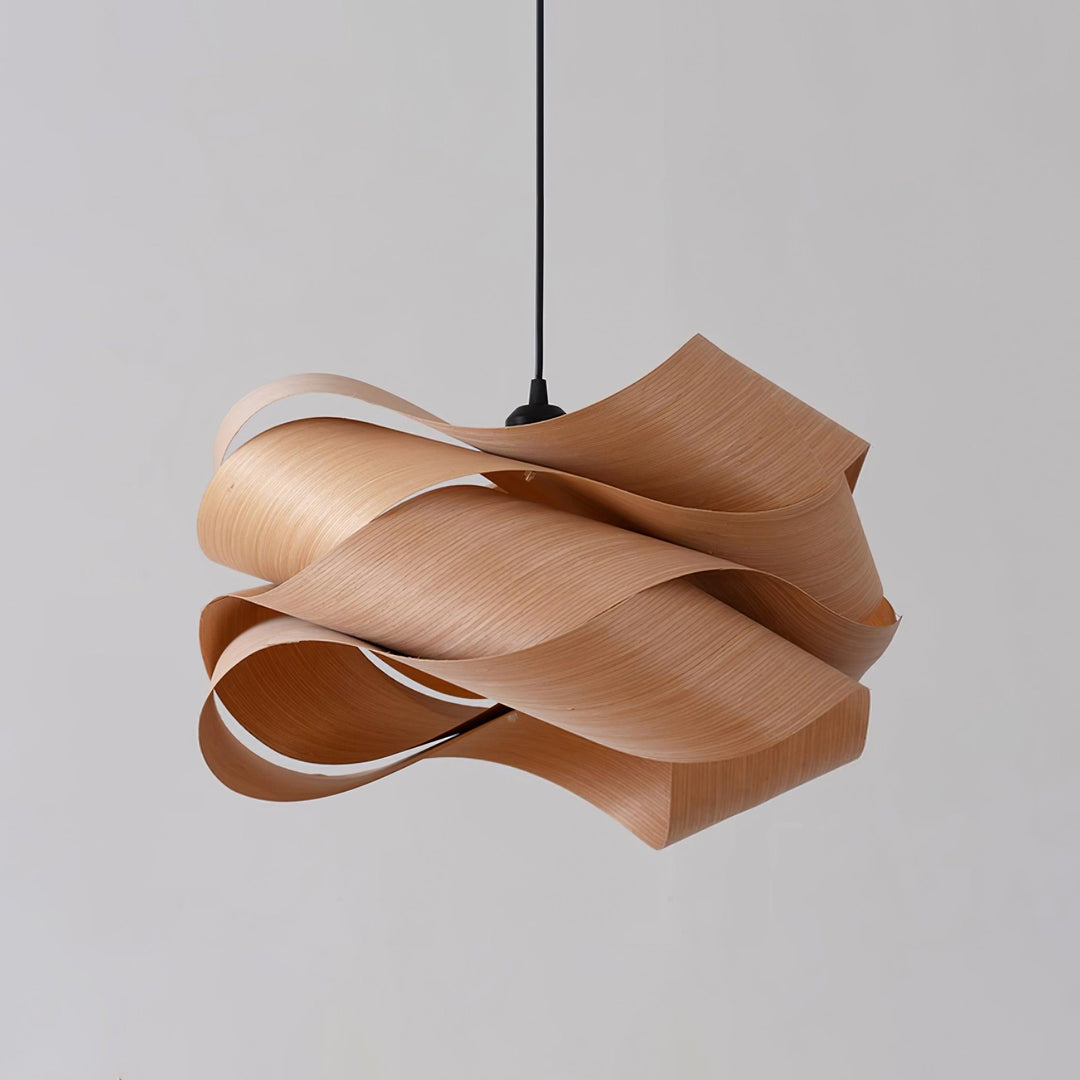 "Wood & Metal Link Pendant Light with natural wood grain and sleek metal finish, perfect for modern interiors and ambient glo