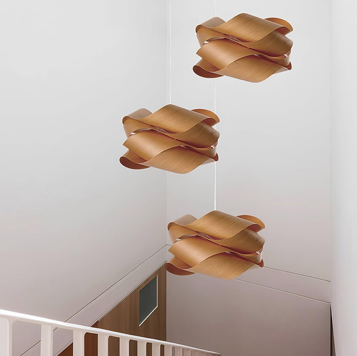 "Wood & Metal Link Pendant Light with natural wood grain and sleek metal finish, perfect for modern interiors and ambient glo