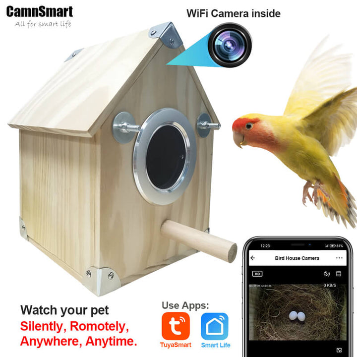 "Wooden bird nesting feeder with camera, weather-resistant, view birds day/night. Perfect for birdwatchers and nature lovers.