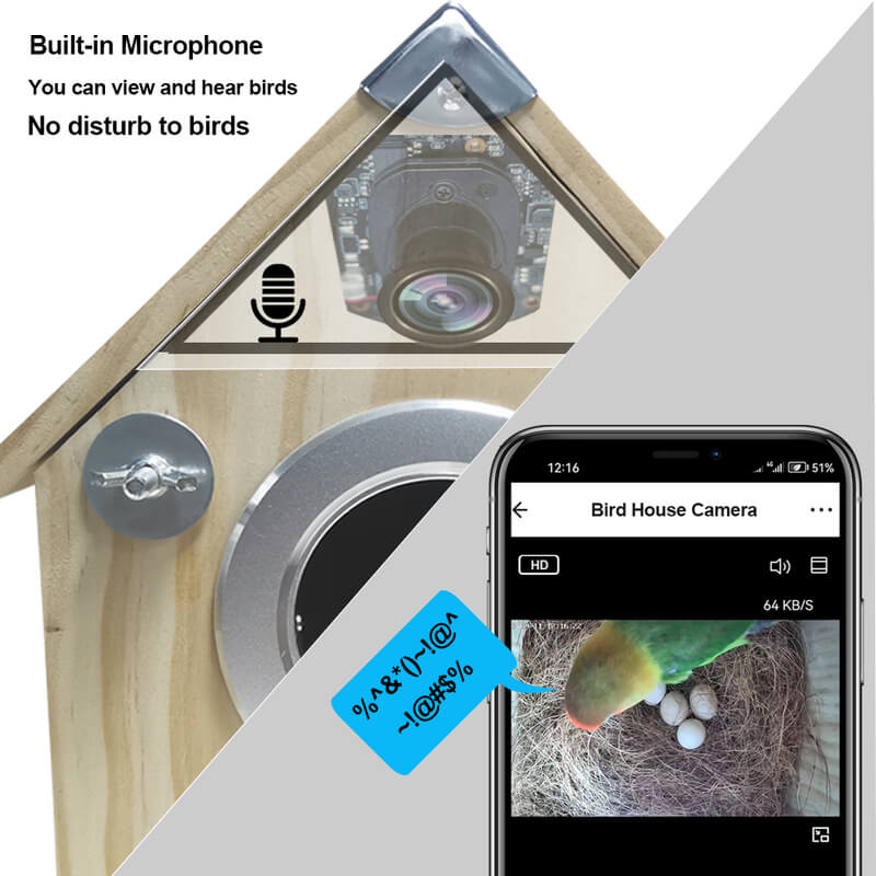 "Wooden bird nesting feeder with camera, weather-resistant, view birds day/night. Perfect for birdwatchers and nature lovers.