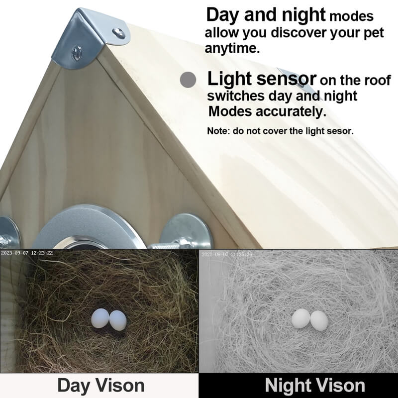"Wooden bird nesting feeder with camera, weather-resistant, view birds day/night. Perfect for birdwatchers and nature lovers.
