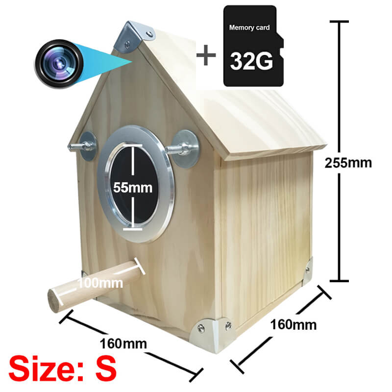 "Wooden bird nesting feeder with camera, weather-resistant, view birds day/night. Perfect for birdwatchers and nature lovers.