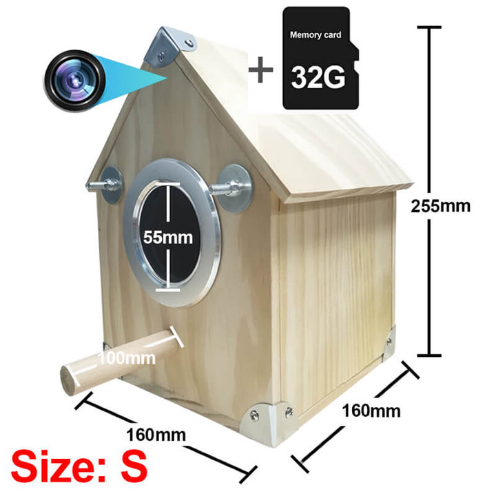 "Wooden bird nesting feeder with camera, weather-resistant, view birds day/night. Perfect for birdwatchers and nature lovers.