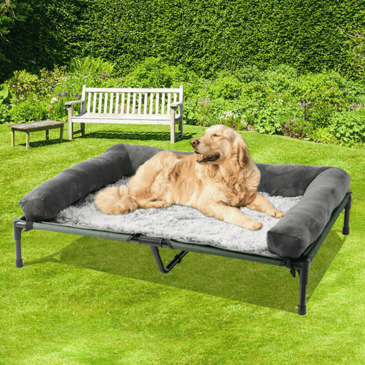 "XL Raised Dog Bolster Bed for Large Dogs, plush edges, elevated design, ideal for indoor/outdoor comfort and support."