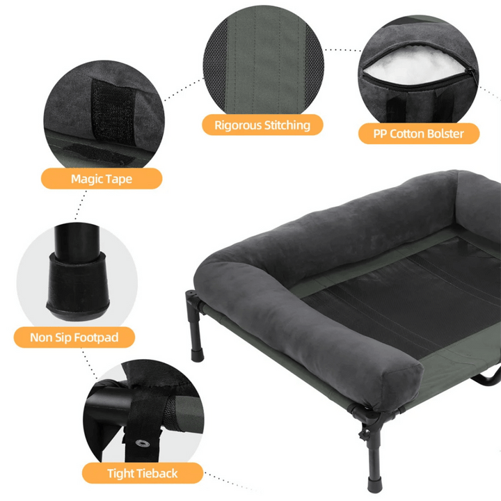 "XL Raised Dog Bolster Bed for Large Dogs, plush edges, elevated design, ideal for indoor/outdoor comfort and support."