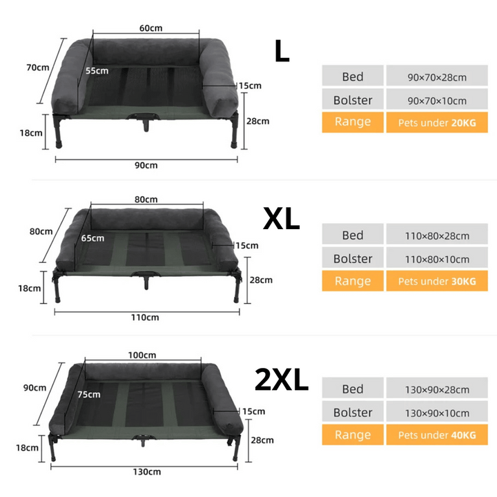 "XL Raised Dog Bolster Bed for Large Dogs, plush edges, elevated design, ideal for indoor/outdoor comfort and support."