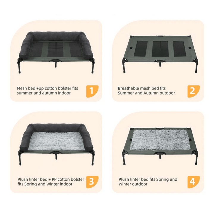 "XL Raised Dog Bolster Bed for Large Dogs, plush edges, elevated design, ideal for indoor/outdoor comfort and support."