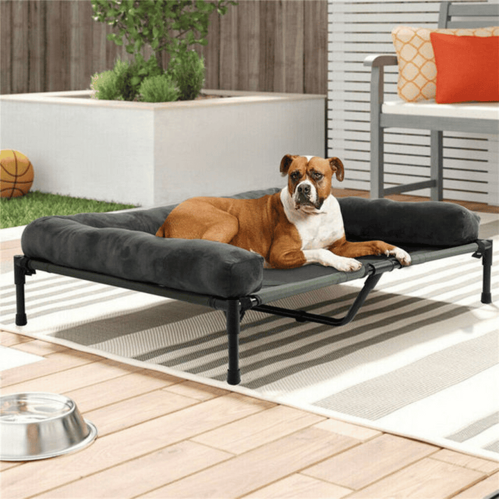 "XL Raised Dog Bolster Bed for Large Dogs, plush edges, elevated design, ideal for indoor/outdoor comfort and support."