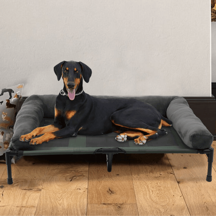 "XL Raised Dog Bolster Bed for Large Dogs, plush edges, elevated design, ideal for indoor/outdoor comfort and support."