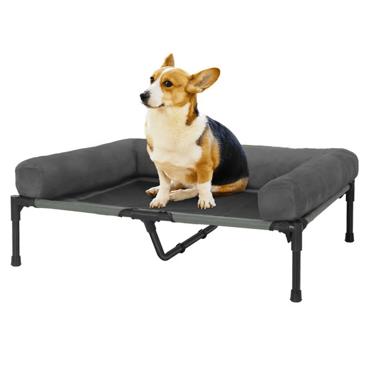 "XL Raised Dog Bolster Bed for Large Dogs, plush edges, elevated design, ideal for indoor/outdoor comfort and support."