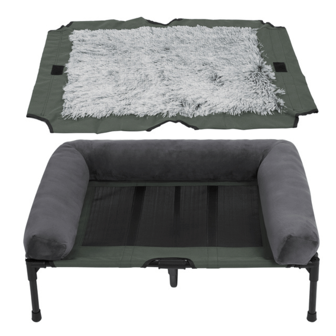 "XL Raised Dog Bolster Bed for Large Dogs, plush edges, elevated design, ideal for indoor/outdoor comfort and support."
