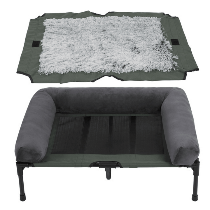 "XL Raised Dog Bolster Bed for Large Dogs, plush edges, elevated design, ideal for indoor/outdoor comfort and support."