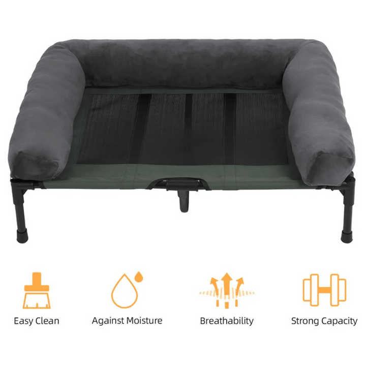 "XL Raised Dog Bolster Bed for Large Dogs, plush edges, elevated design, ideal for indoor/outdoor comfort and support."