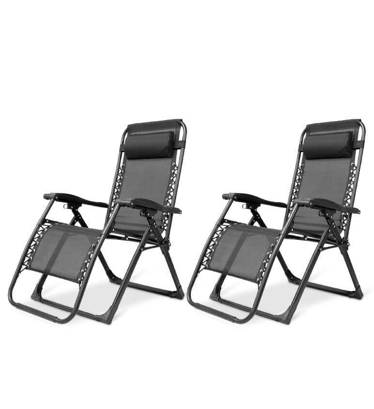 Zero gravity folding chair in black with adjustable headrest, ergonomic design, foldable for outdoor and indoor relaxation.