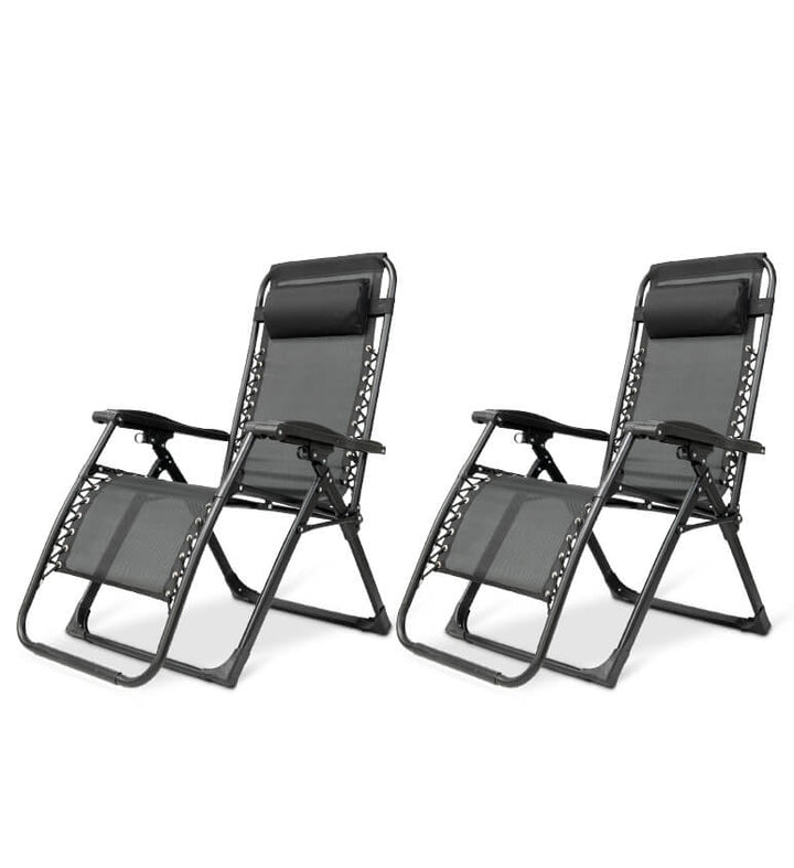 Zero gravity folding chair in black with adjustable headrest, ergonomic design, foldable for outdoor and indoor relaxation.
