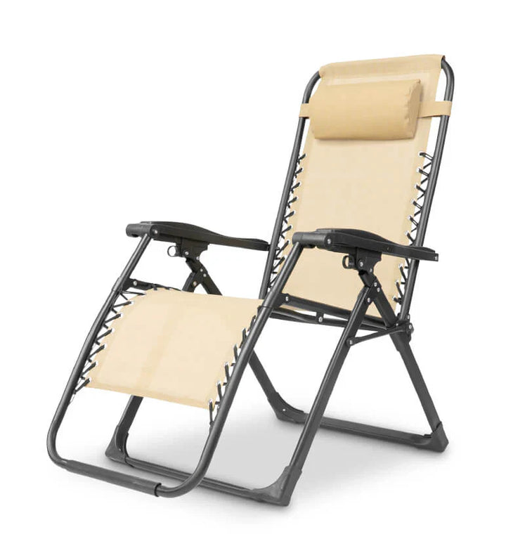 Zero gravity folding chair in black with adjustable headrest, ergonomic design, foldable for outdoor and indoor relaxation.