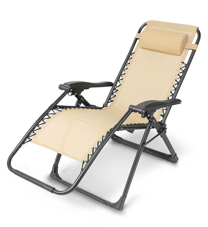 Zero gravity folding chair in black with adjustable headrest, ergonomic design, foldable for outdoor and indoor relaxation.