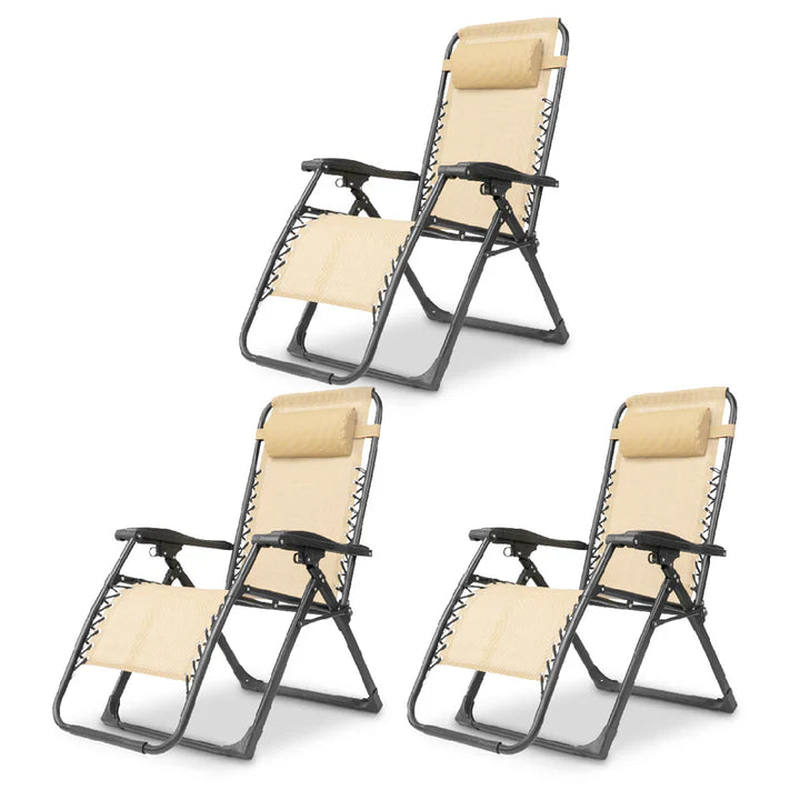 Zero gravity folding chair in black with adjustable headrest, ergonomic design, foldable for outdoor and indoor relaxation.