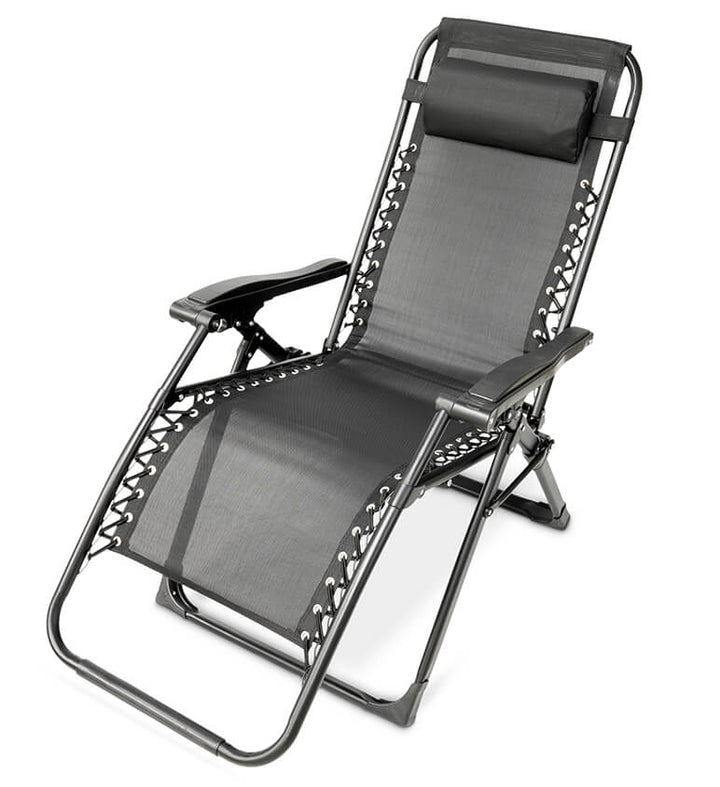 Zero gravity folding chair in black with adjustable headrest, ergonomic design, foldable for outdoor and indoor relaxation.