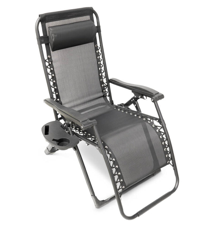 Zero gravity folding chair in black with adjustable headrest, ergonomic design, foldable for outdoor and indoor relaxation.