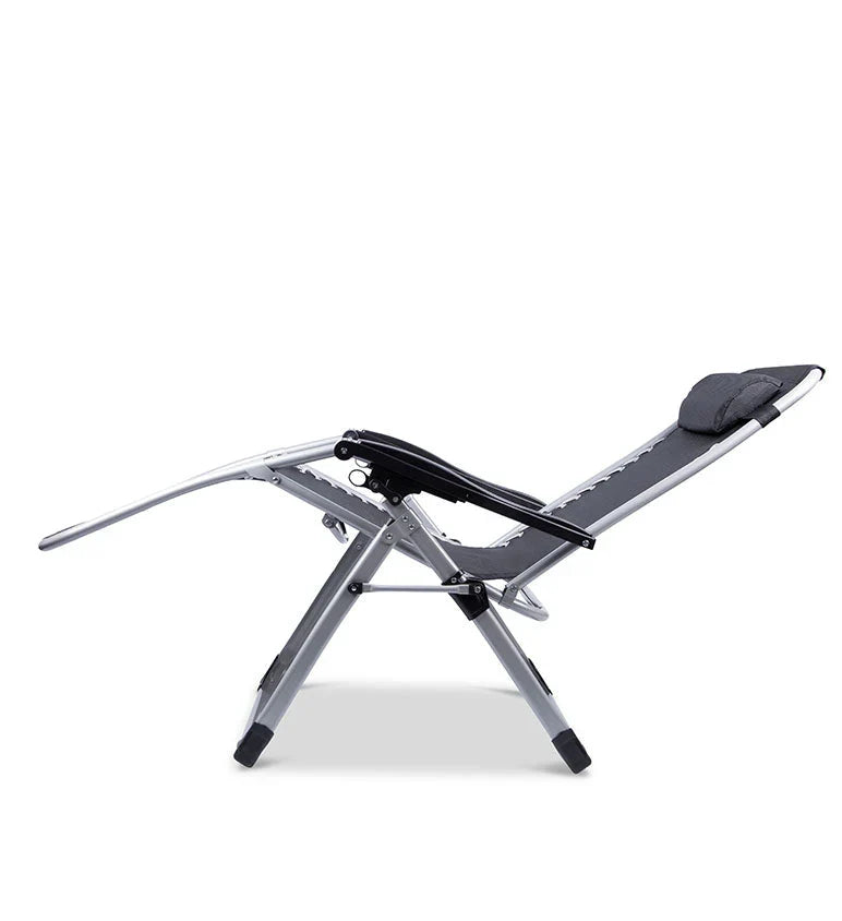 Zero gravity folding chair in black with adjustable headrest, ergonomic design, foldable for outdoor and indoor relaxation.