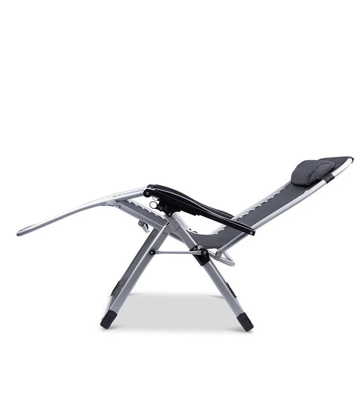 Zero gravity folding chair in black with adjustable headrest, ergonomic design, foldable for outdoor and indoor relaxation.